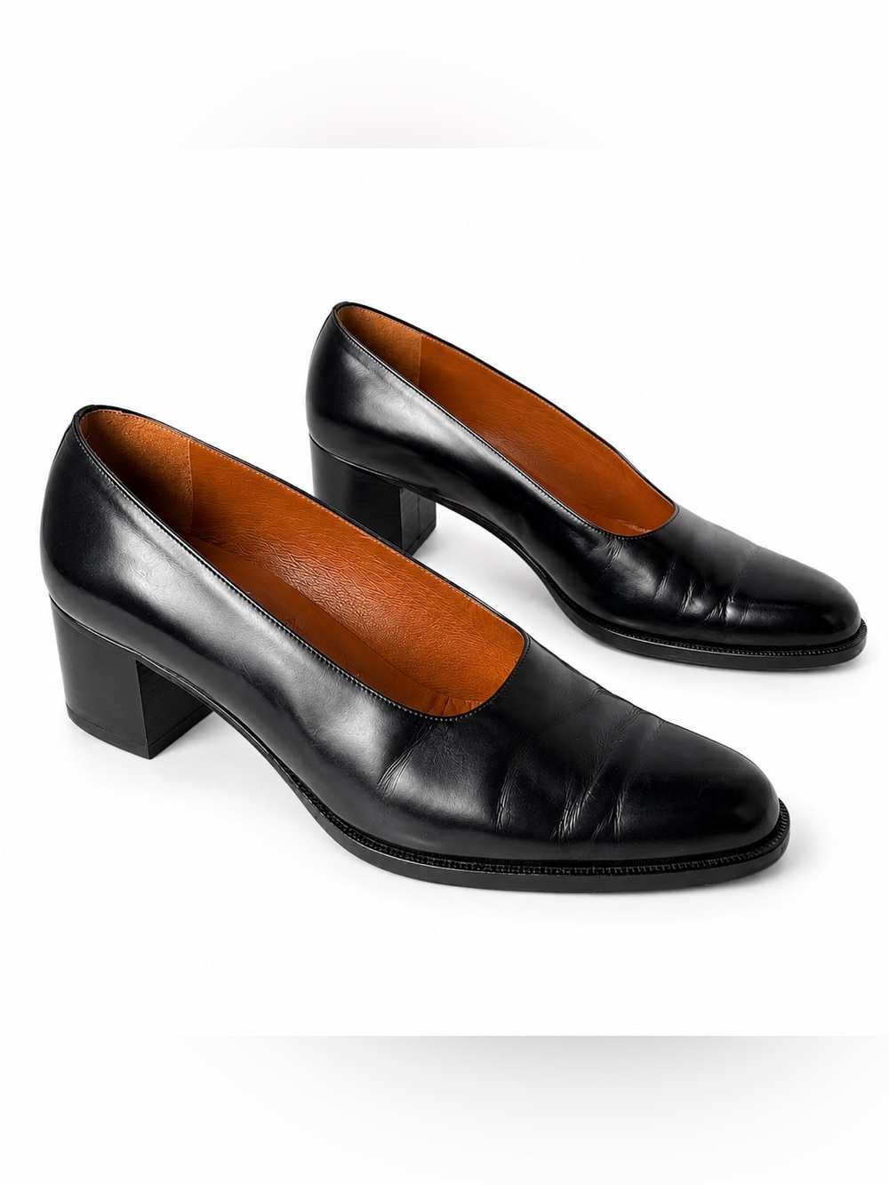 Ralph Lauren Collection Black Leather Block Heel Pumps Size 8 Made in Italy